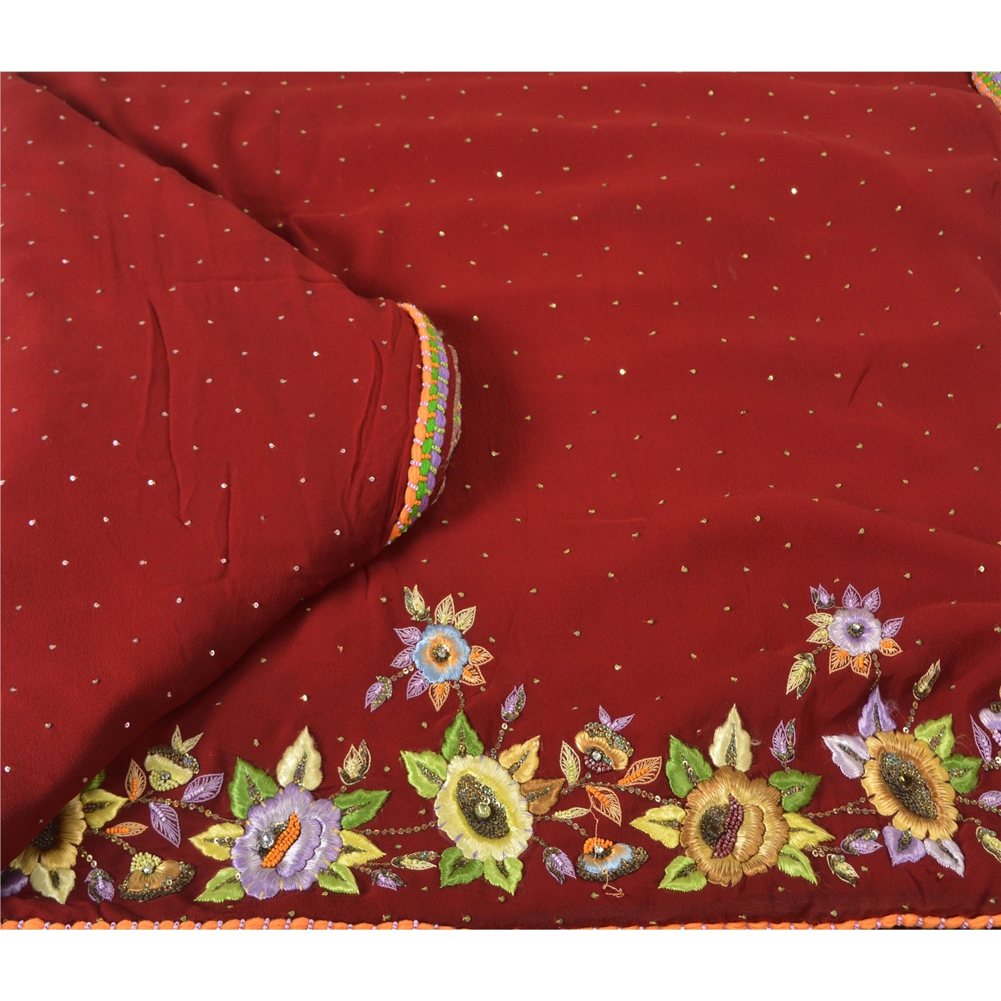 Sanskriti Vintage Dark Red Sarees Hand Beaded Pure Georgette Silk Sustainable Fabric Sari