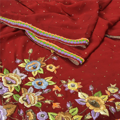 Sanskriti Vintage Dark Red Sarees Hand Beaded Pure Georgette Silk Sustainable Fabric Sari
