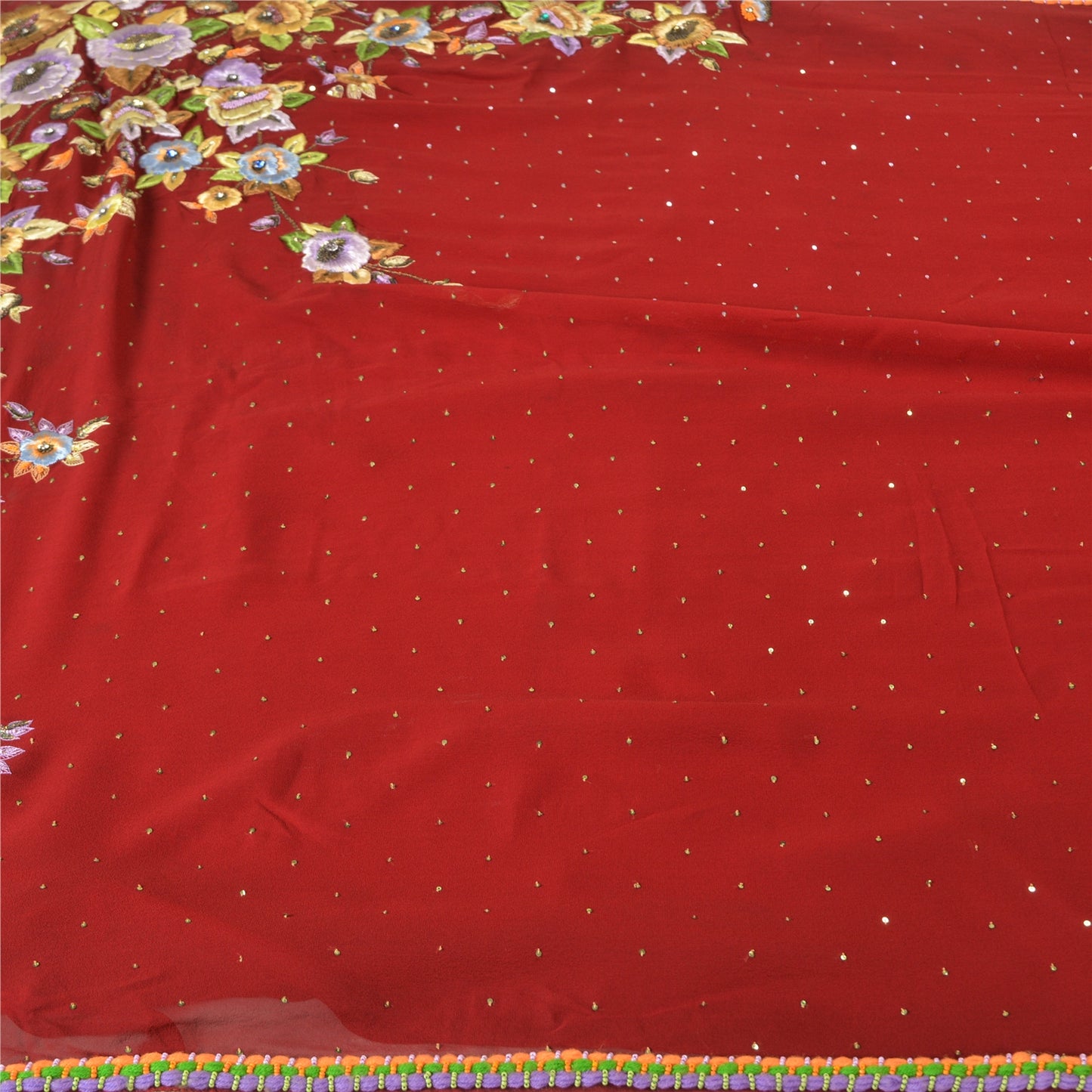 Sanskriti Vintage Dark Red Sarees Hand Beaded Pure Georgette Silk Sustainable Fabric Sari