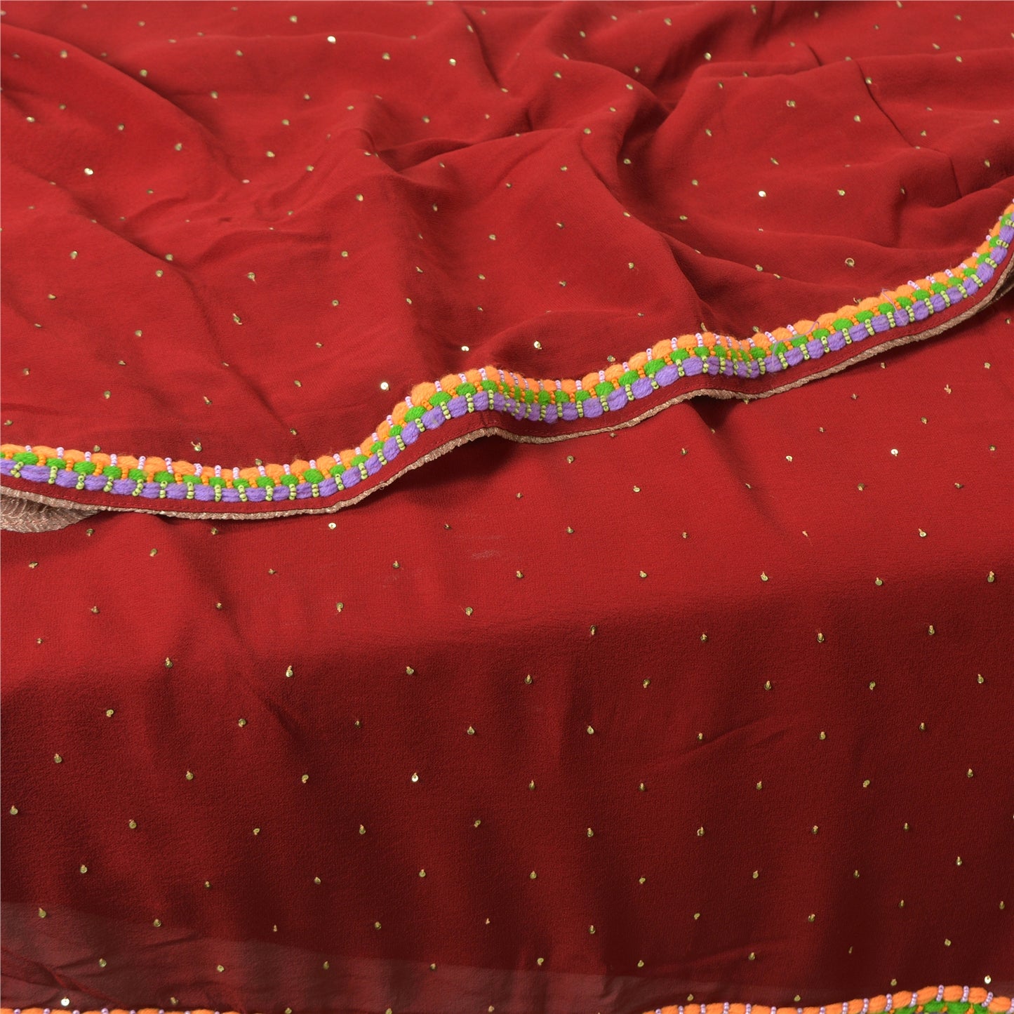 Sanskriti Vintage Dark Red Sarees Hand Beaded Pure Georgette Silk Sustainable Fabric Sari