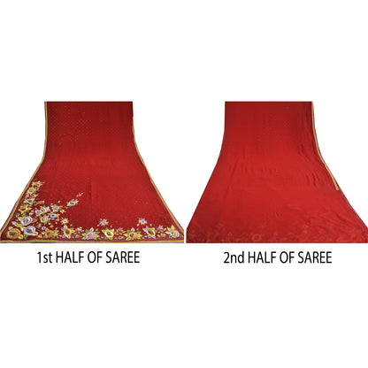 Sanskriti Vintage Dark Red Sarees Hand Beaded Pure Georgette Silk Sustainable Fabric Sari