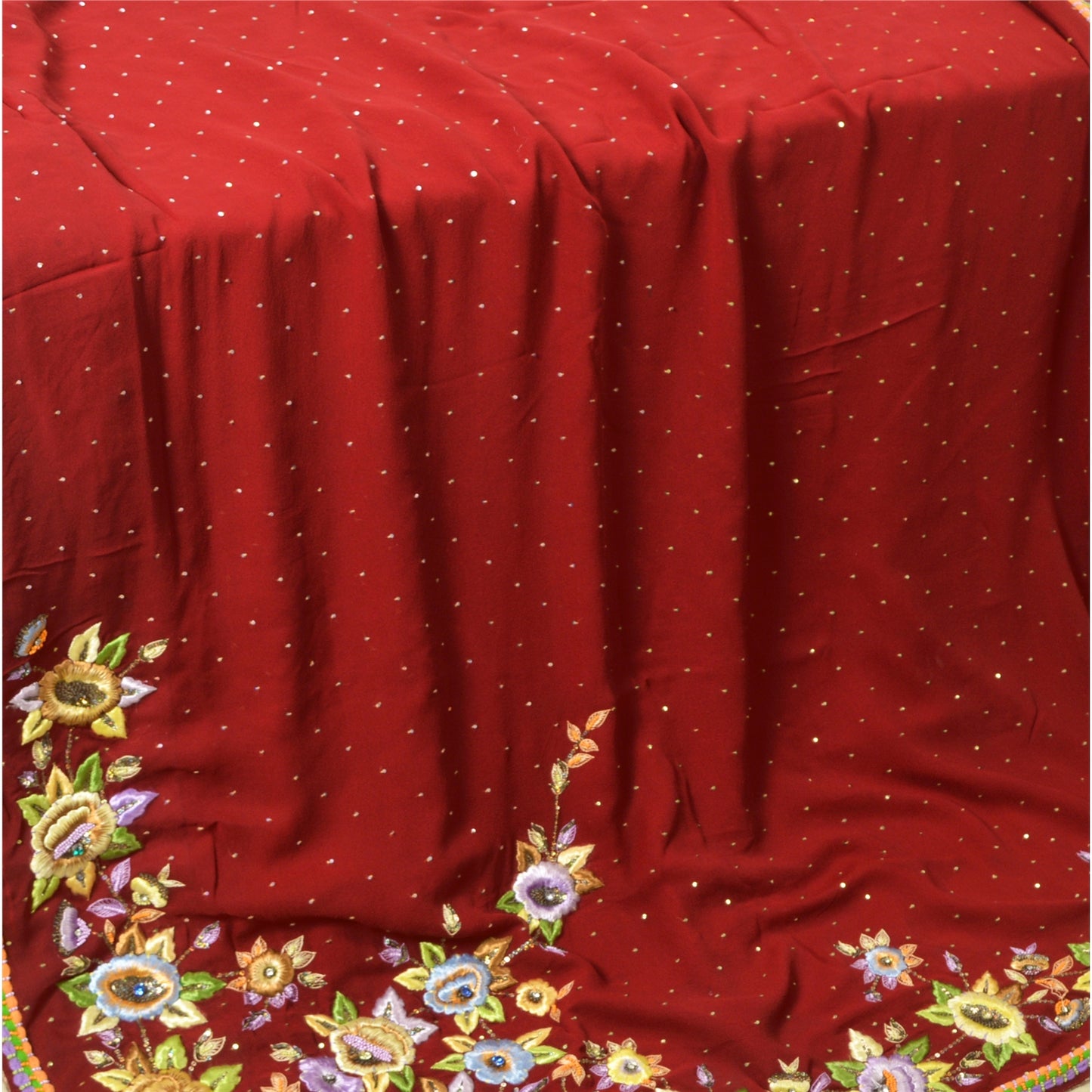 Sanskriti Vintage Dark Red Sarees Hand Beaded Pure Georgette Silk Sustainable Fabric Sari