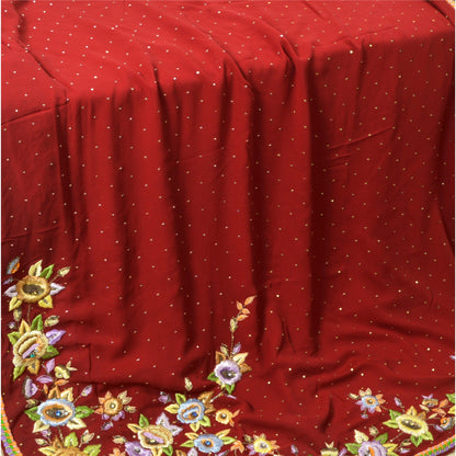 Sanskriti Vintage Dark Red Sarees Hand Beaded Pure Georgette Silk Sustainable Fabric Sari