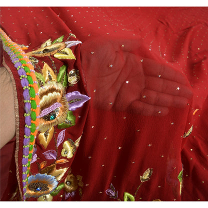 Sanskriti Vintage Dark Red Sarees Hand Beaded Pure Georgette Silk Sustainable Fabric Sari