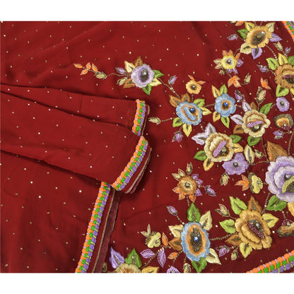 Sanskriti Vintage Dark Red Sarees Hand Beaded Pure Georgette Silk Sustainable Fabric Sari