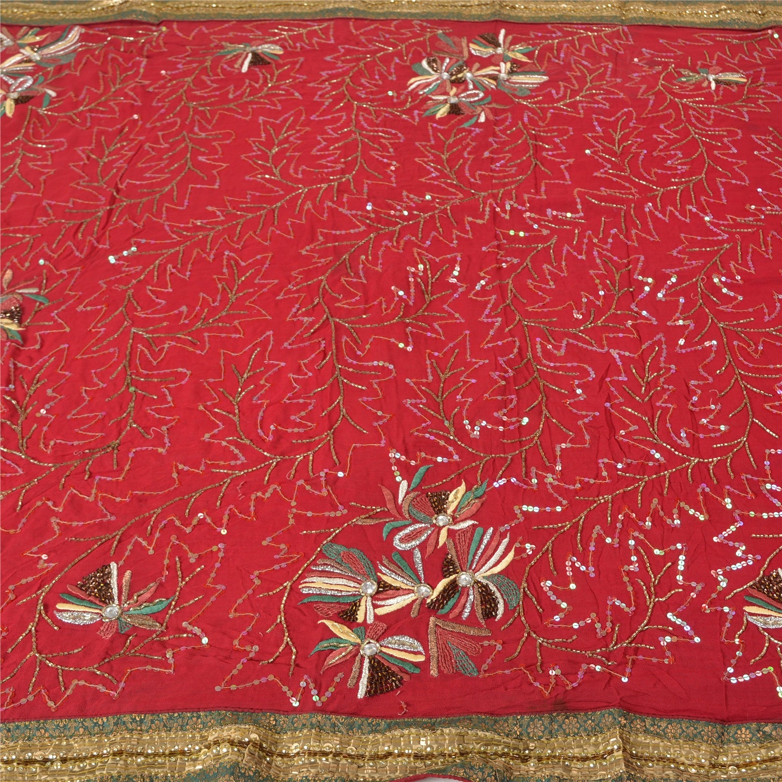 Sanskriti Vintage Saree Blend Georgette Dark Red Heavy Wedding Sarees Hand Beaded Sequins & Rhinestone 6yd Craft Fabric