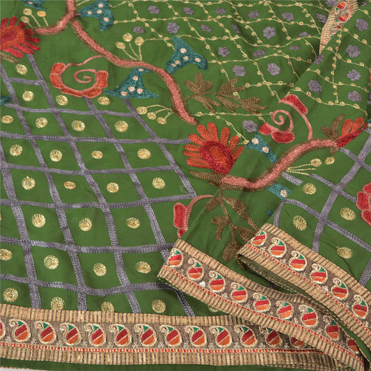 Sanskriti Vintage Green Indian Saree Hand Beaded Pure Georgette Silk Sustainable Fabric Sari