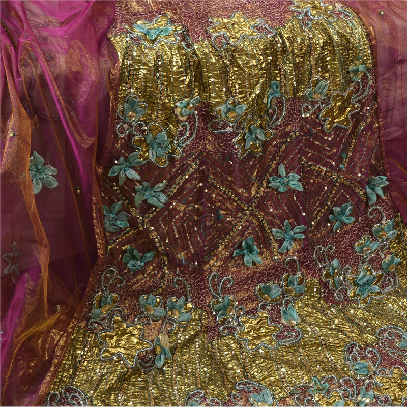 Sanskriti Vintage Lehenga Saree Purple Net Hand Beaded Zari Fabric Patch Work Fabric 5+Yard Party Sari Indian Wedding Partywear Outfit
