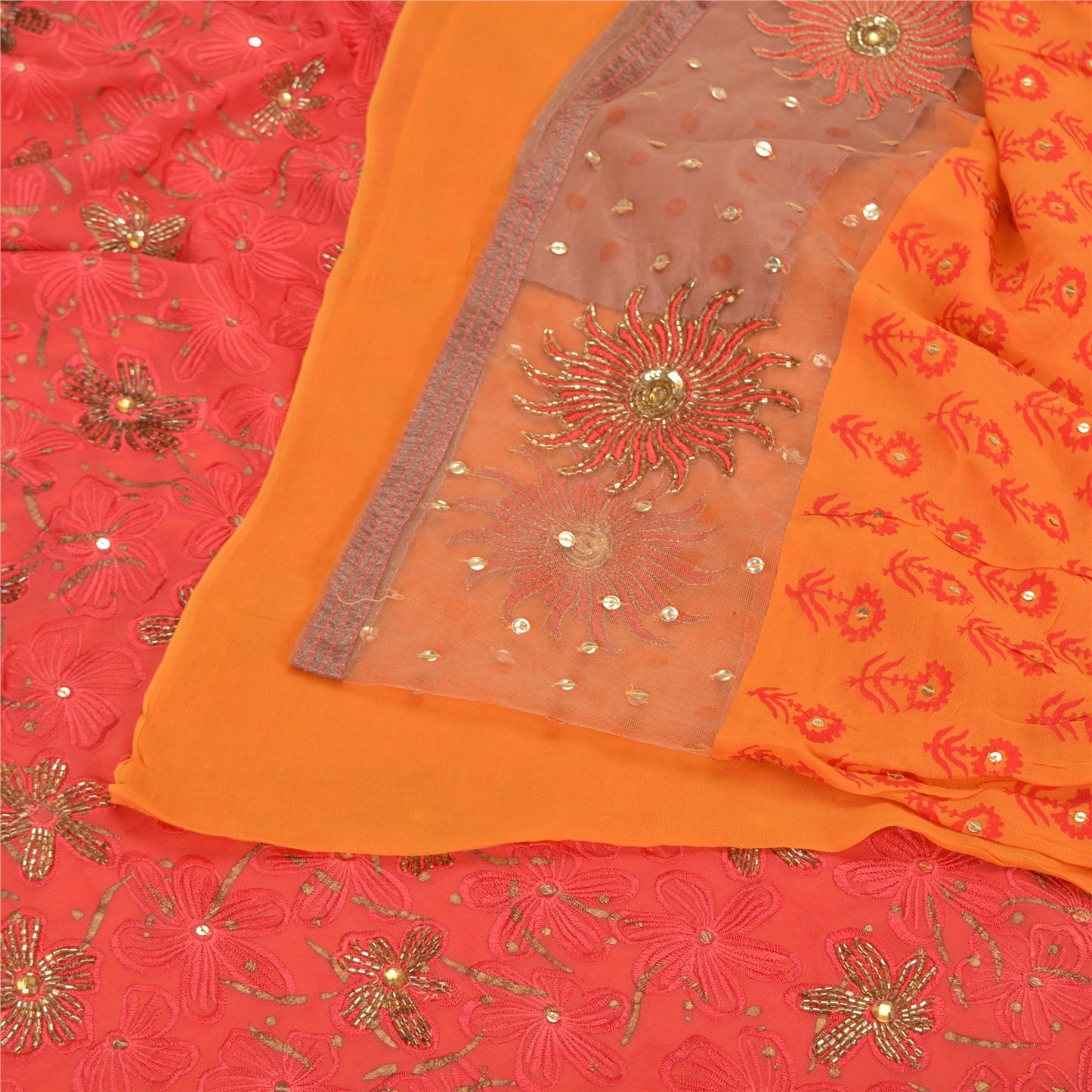 Sanskriti Vintage Indian Sarees Blend Georgette/Net Orange/Pink Craft Sari