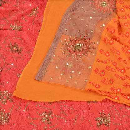 Sanskriti Vintage Indian Sarees Blend Georgette/Net Orange/Pink Craft Sari