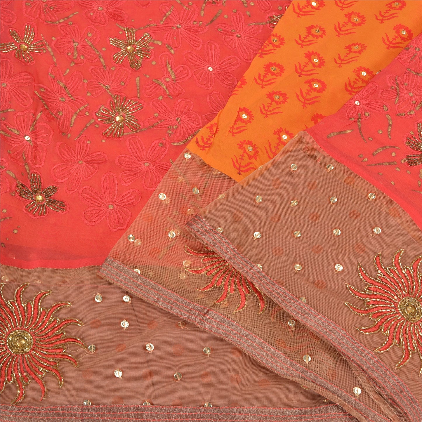 Sanskriti Vintage Indian Sarees Blend Georgette/Net Orange/Pink Craft Sari