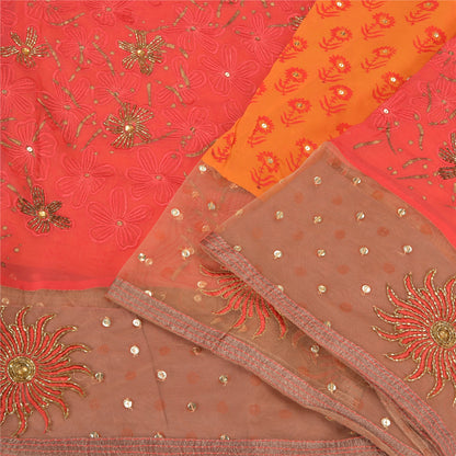 Sanskriti Vintage Indian Sarees Blend Georgette/Net Orange/Pink Craft Sari