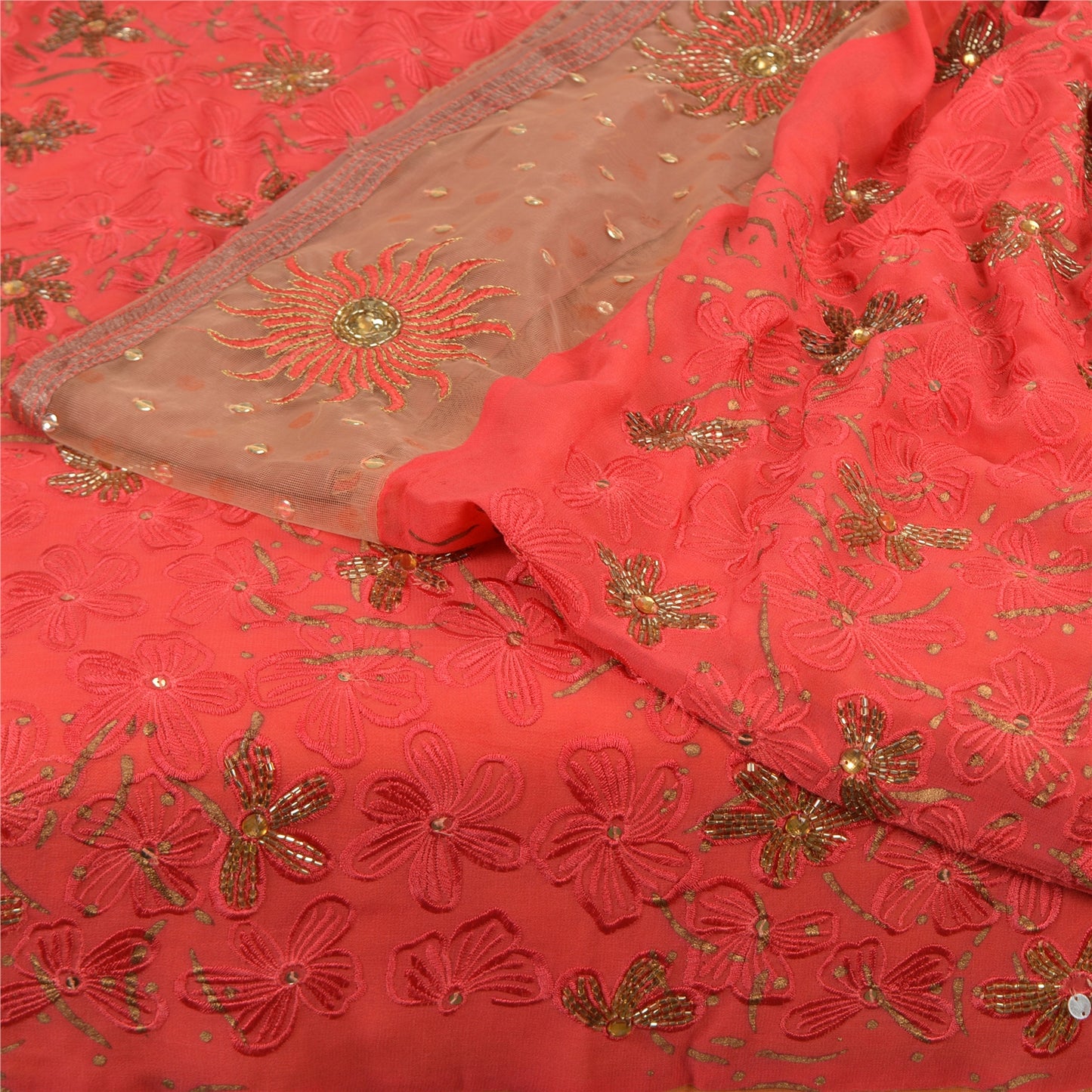 Sanskriti Vintage Indian Sarees Blend Georgette/Net Orange/Pink Craft Sari