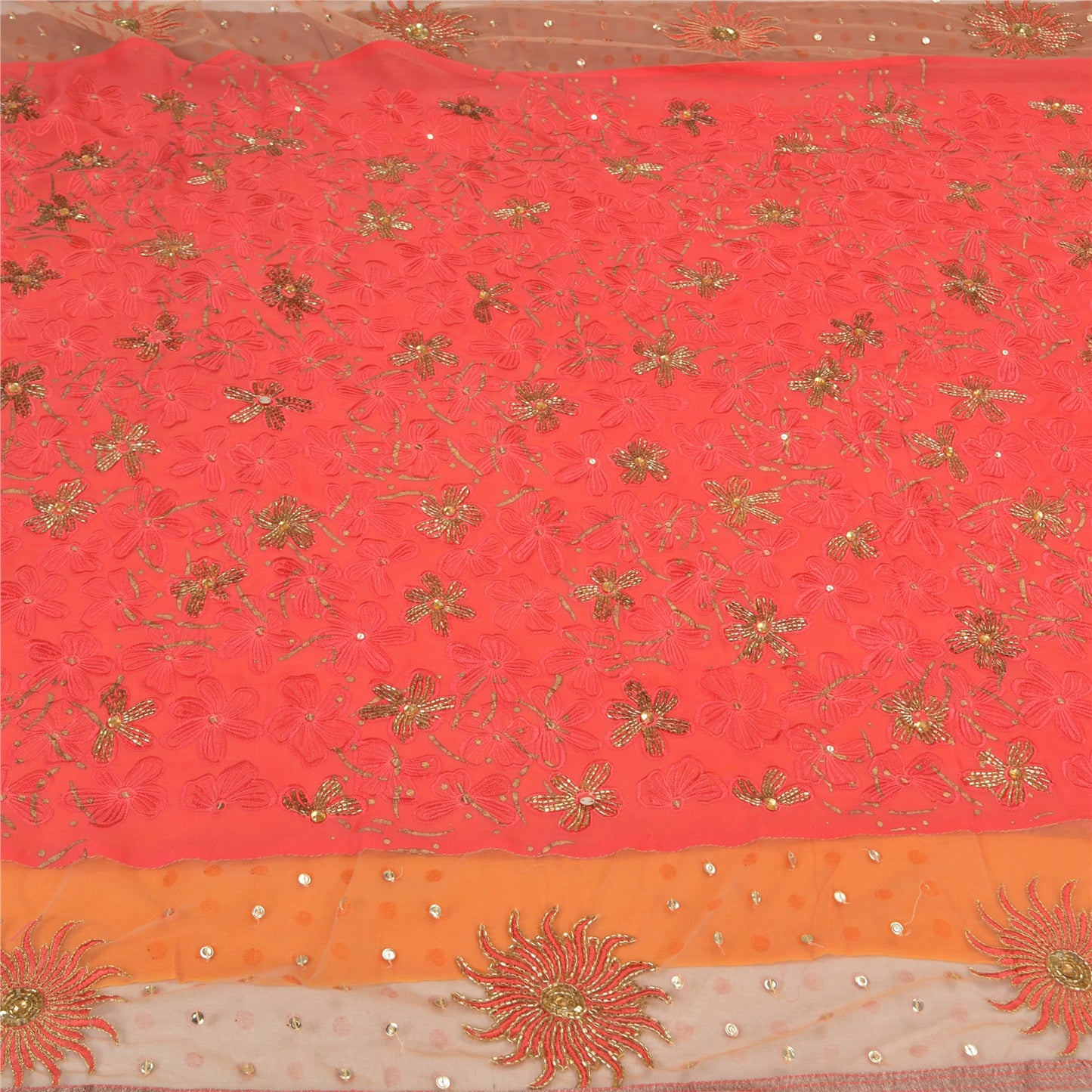 Sanskriti Vintage Indian Sarees Blend Georgette/Net Orange/Pink Craft Sari