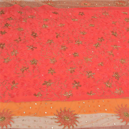 Sanskriti Vintage Indian Sarees Blend Georgette/Net Orange/Pink Craft Sari