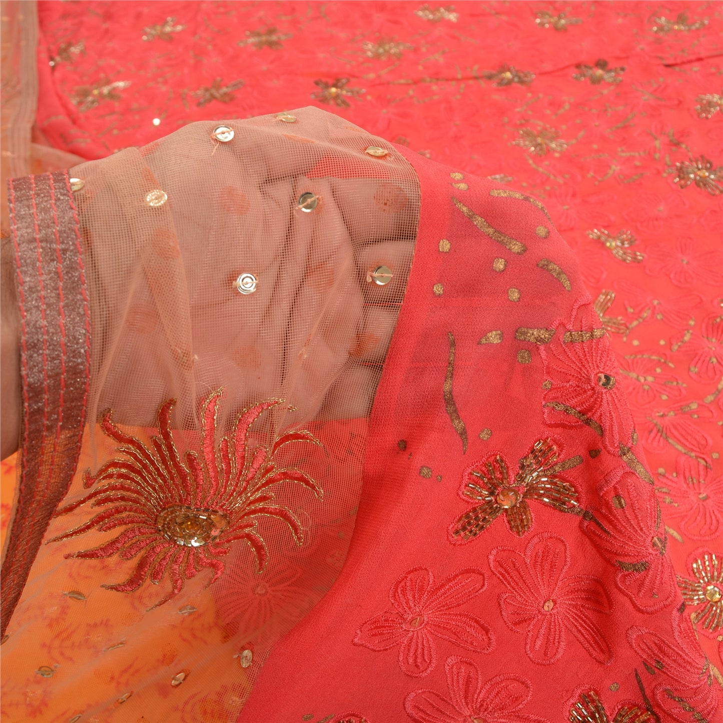 Sanskriti Vintage Indian Sarees Blend Georgette/Net Orange/Pink Craft Sari