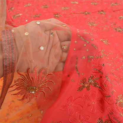 Sanskriti Vintage Indian Sarees Blend Georgette/Net Orange/Pink Craft Sari