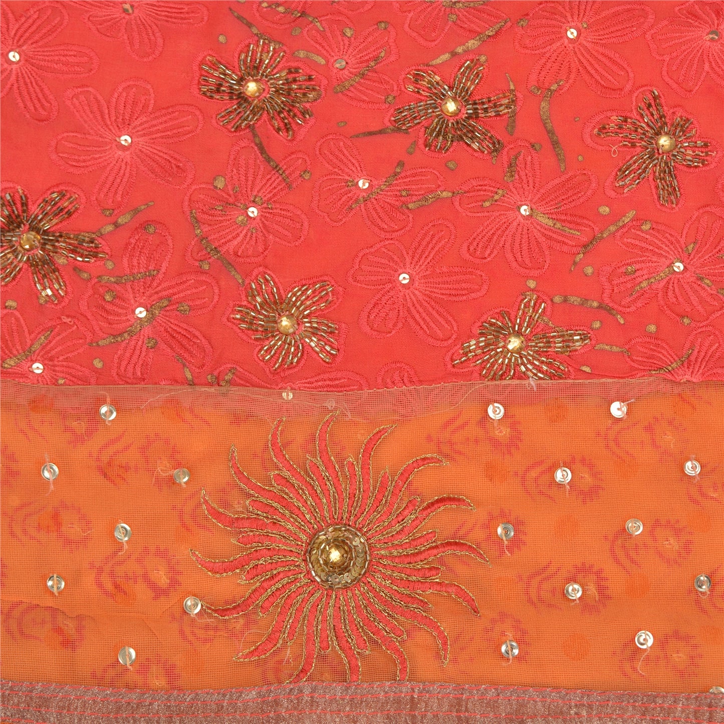Sanskriti Vintage Indian Sarees Blend Georgette/Net Orange/Pink Craft Sari
