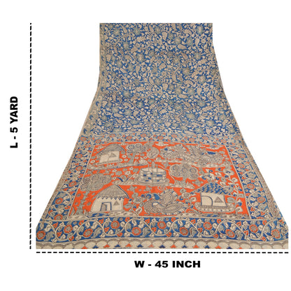 Sanskriti Vintage Blue/Orange Heavy Sarees Sari Pure Cotton Kalamkari Fabric