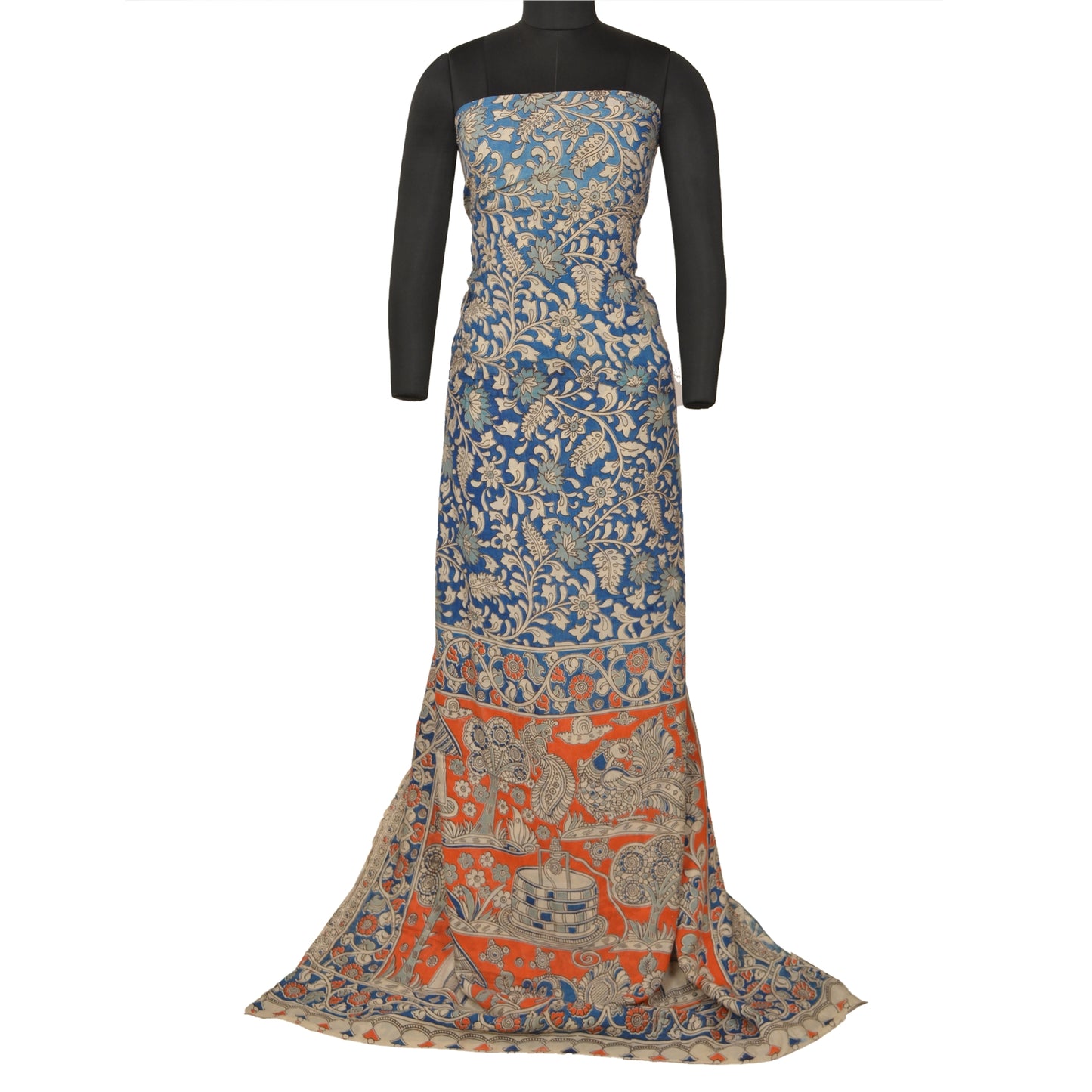 Sanskriti Vintage Blue/Orange Heavy Sarees Sari Pure Cotton Kalamkari Fabric