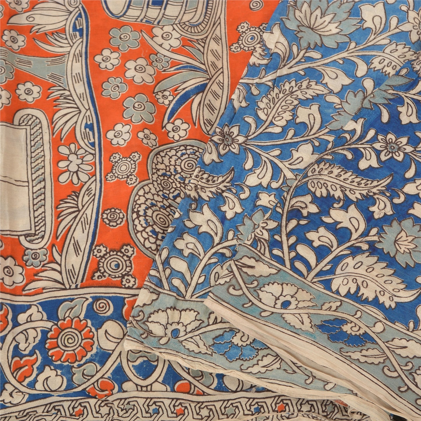Sanskriti Vintage Blue/Orange Heavy Sarees Sari Pure Cotton Kalamkari Fabric