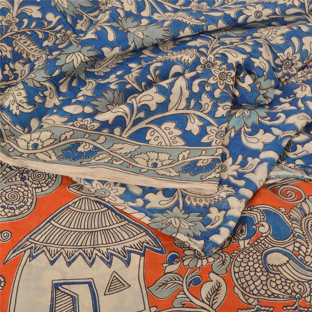Sanskriti Vintage Saree 100% Pure Woolen Pink  Block Printed Kalamkari Heavy Sarees 5+yd Floral Warm Soft Craft Fabric Recycled For Quilting Felting, Home Decor
