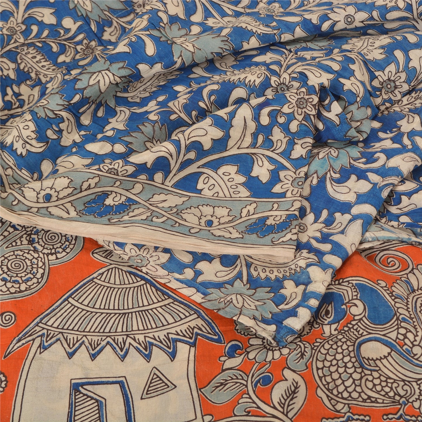 Sanskriti Vintage Blue/Orange Heavy Sarees Sari Pure Cotton Kalamkari Fabric