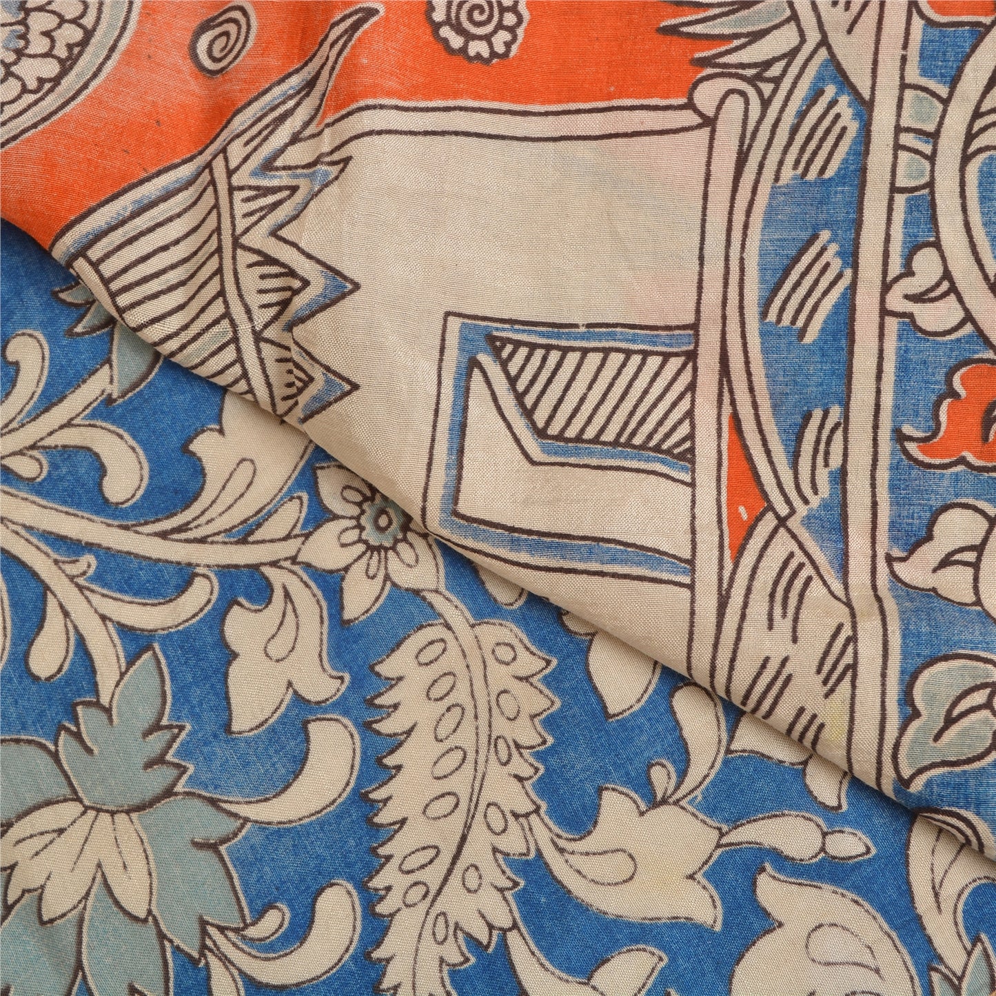 Sanskriti Vintage Blue/Orange Heavy Sarees Sari Pure Cotton Kalamkari Fabric