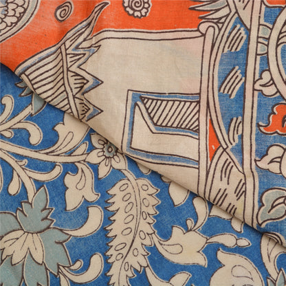 Sanskriti Vintage Blue/Orange Heavy Sarees Sari Pure Cotton Kalamkari Fabric