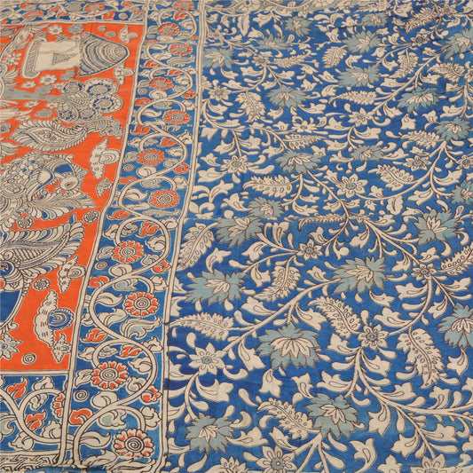 Sanskriti Vintage Blue/Orange Heavy Sarees Sari Pure Cotton Kalamkari Fabric