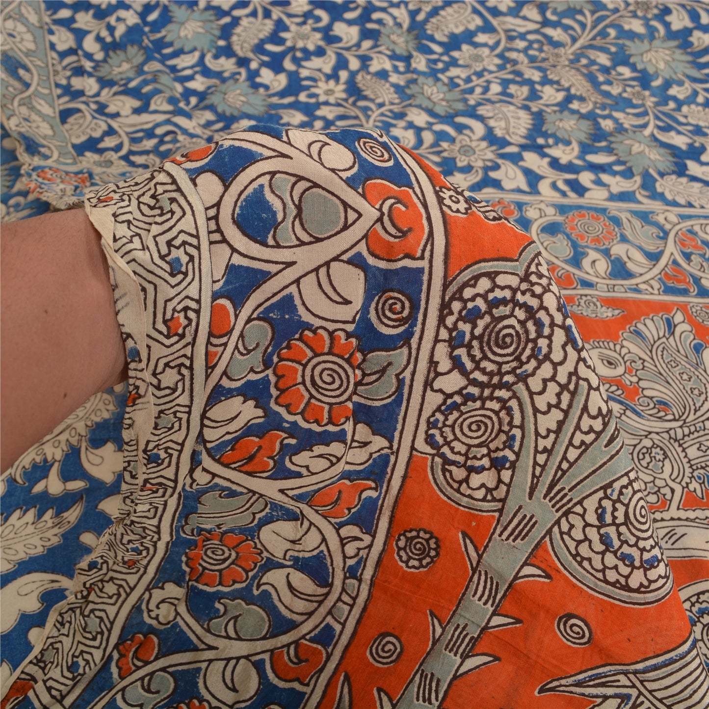 Sanskriti Vintage Blue/Orange Heavy Sarees Sari Pure Cotton Kalamkari Fabric
