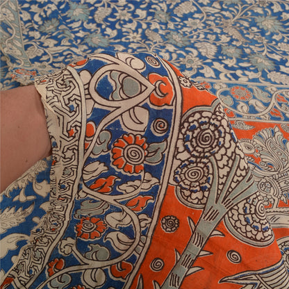 Sanskriti Vintage Blue/Orange Heavy Sarees Sari Pure Cotton Kalamkari Fabric