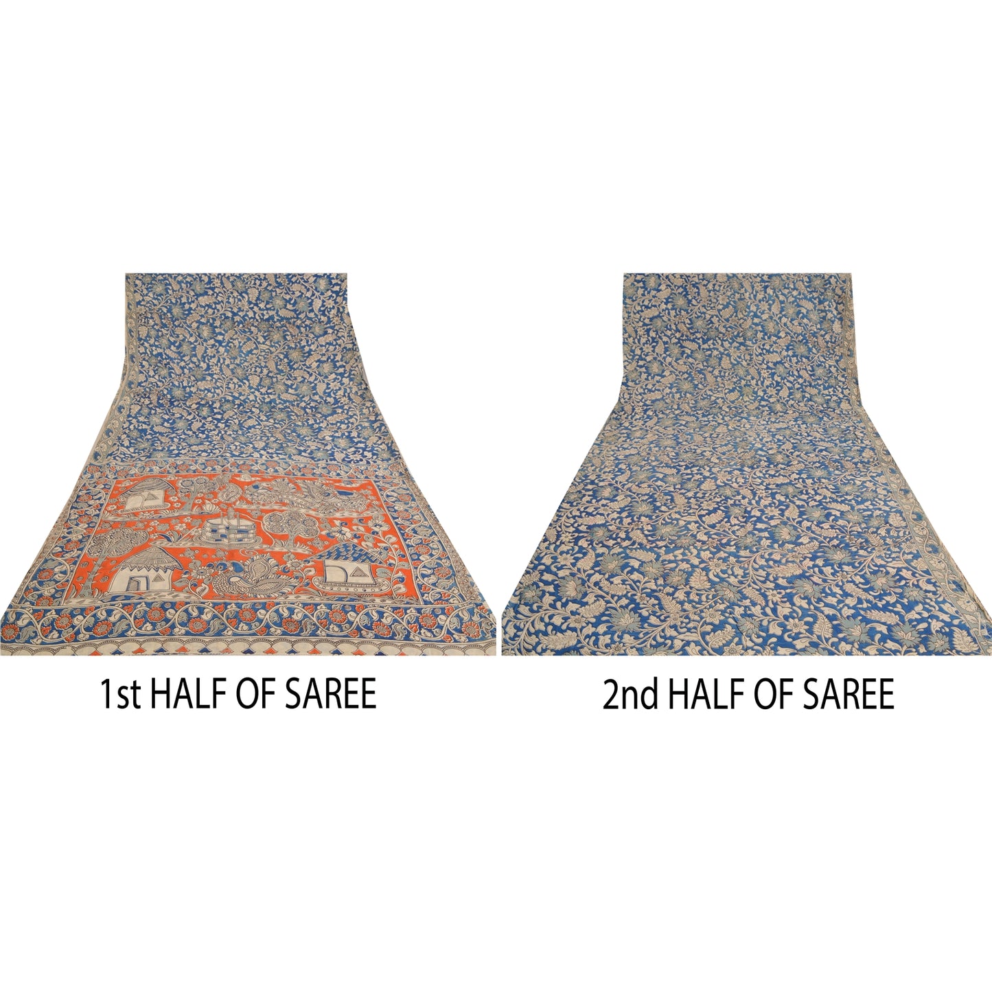 Sanskriti Vintage Blue/Orange Heavy Sarees Sari Pure Cotton Kalamkari Fabric