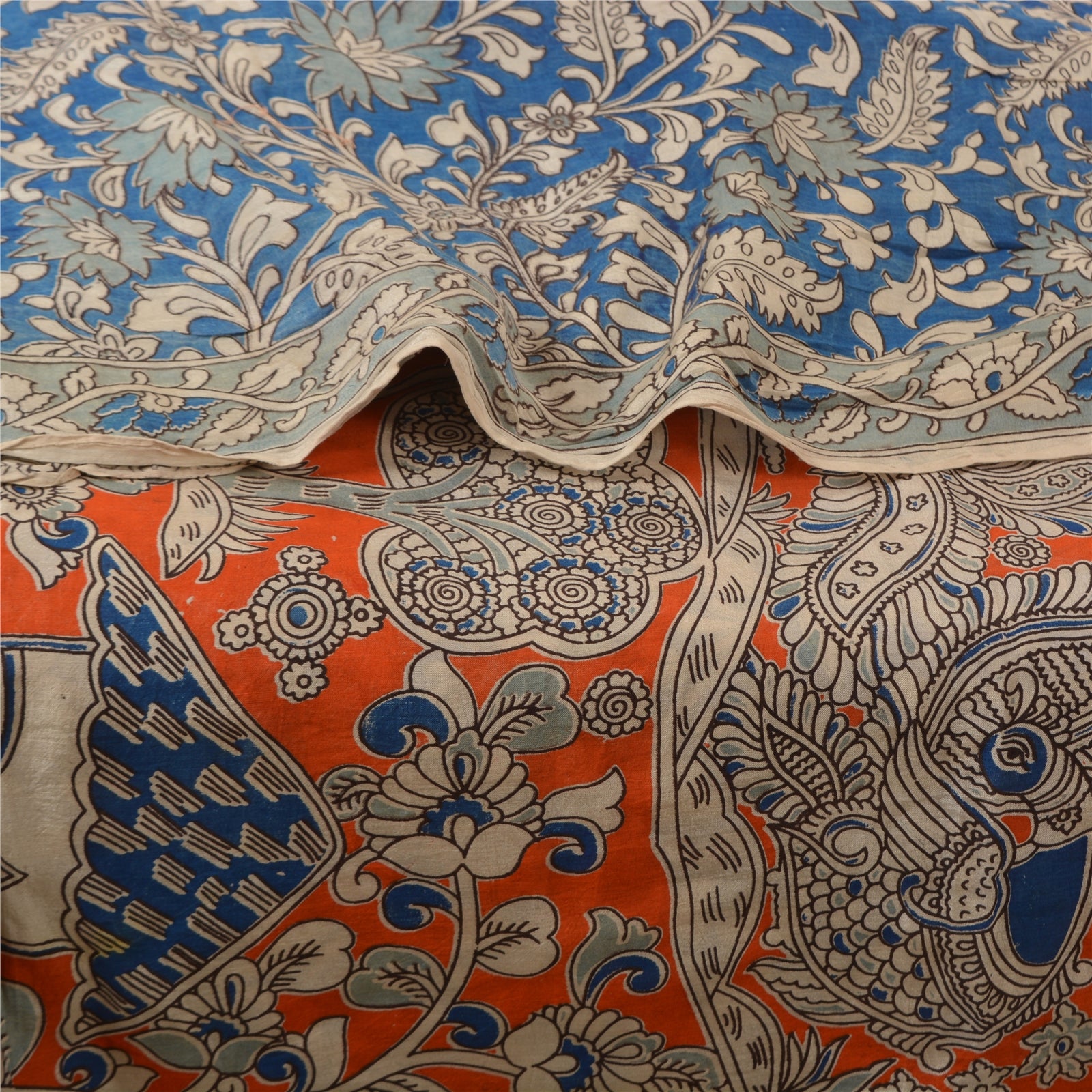 Sanskriti Vintage Saree 100% Pure Woolen Pink  Block Printed Kalamkari Heavy Sarees 5+yd Floral Warm Soft Craft Fabric Recycled For Quilting Felting, Home Decor