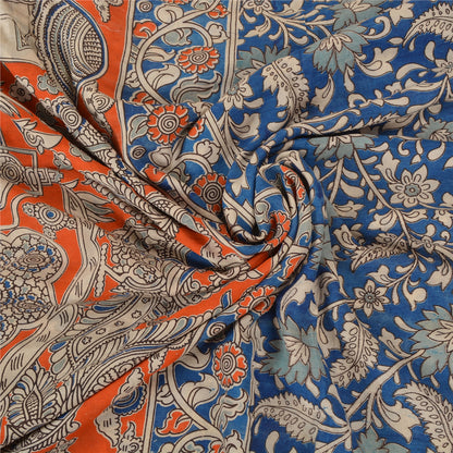 Sanskriti Vintage Blue/Orange Heavy Sarees Sari Pure Cotton Kalamkari Fabric