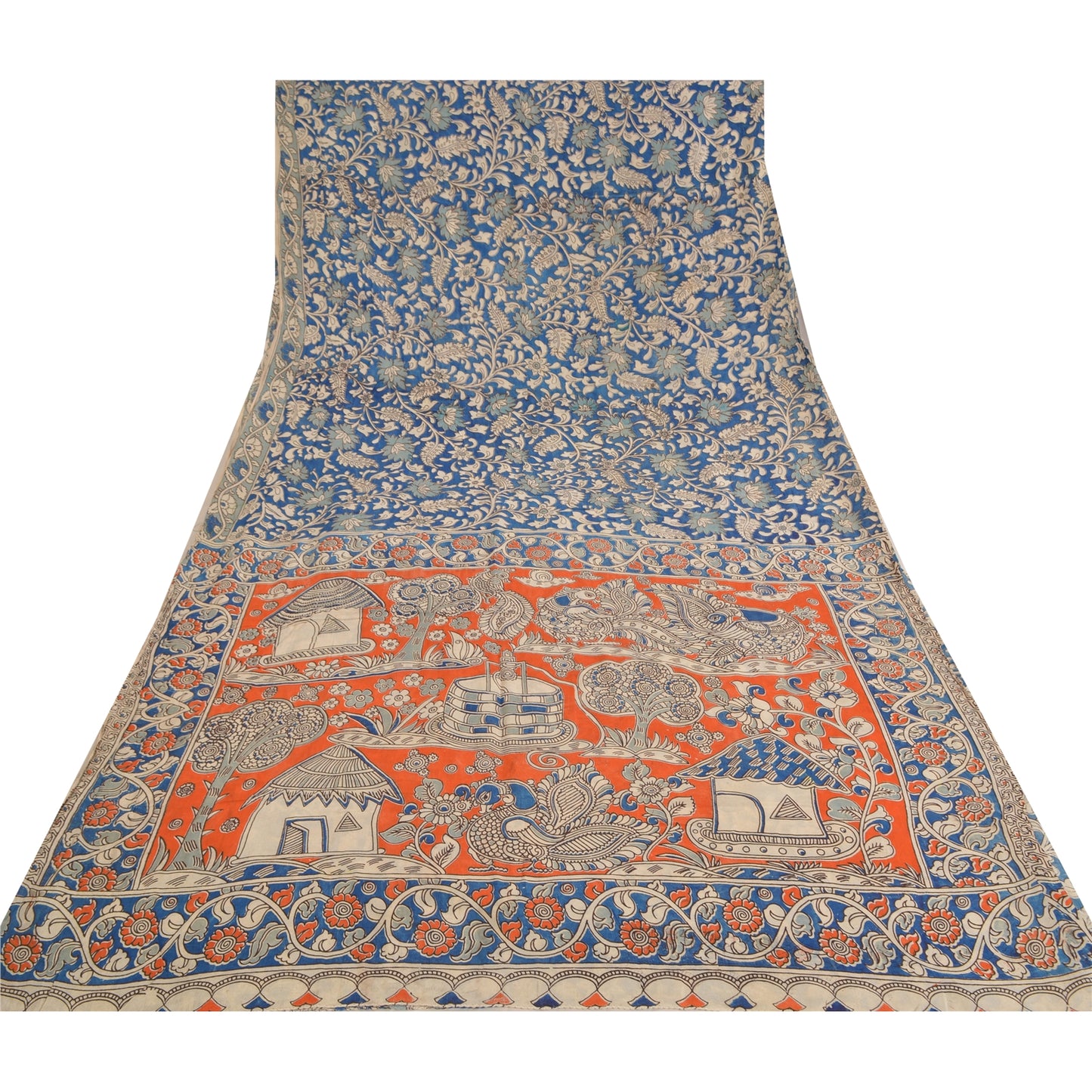 Sanskriti Vintage Blue/Orange Heavy Sarees Sari Pure Cotton Kalamkari Fabric
