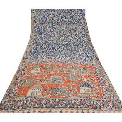 Sanskriti Vintage Blue/Orange Heavy Sarees Sari Pure Cotton Kalamkari Fabric