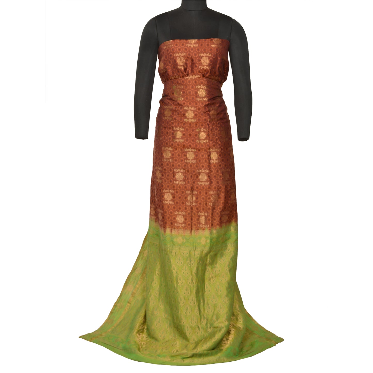 Sanskriti Vintage Green/Brown Heavy Sarees Pure Silk Woven Brocade Sustainable Fabric Sari