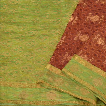 Sanskriti Vintage Green/Brown Heavy Sarees Pure Silk Woven Brocade Sustainable Fabric Sari