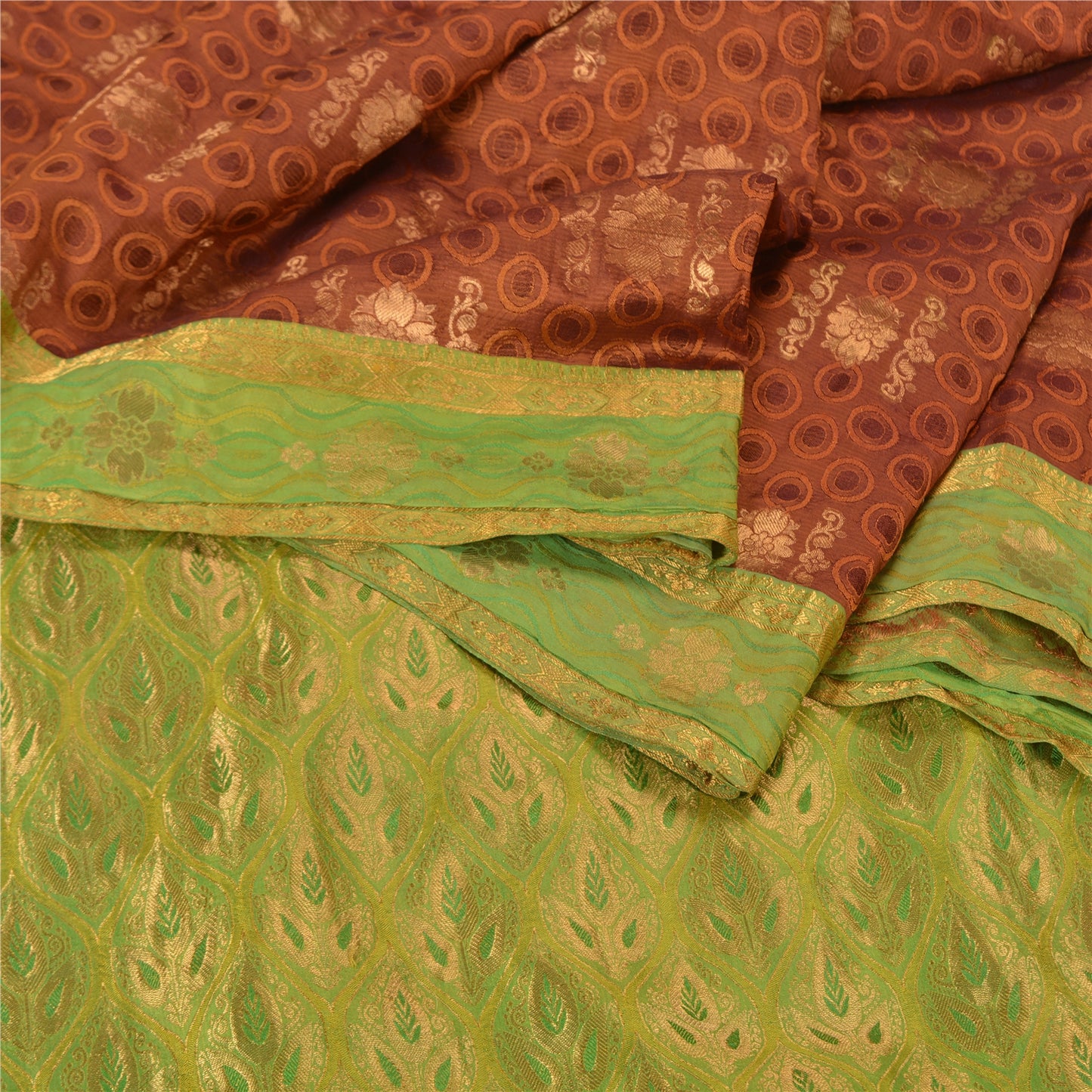 Sanskriti Vintage Green/Brown Heavy Sarees Pure Silk Woven Brocade Sustainable Fabric Sari