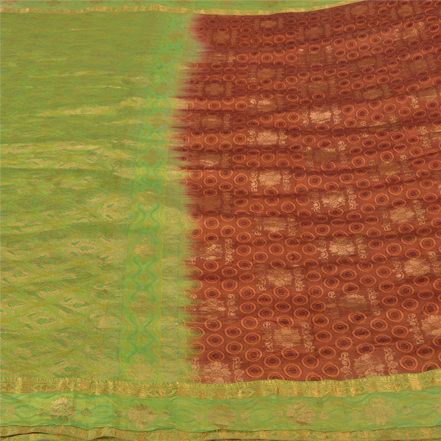 Sanskriti Vintage Green/Brown Heavy Sarees Pure Silk Woven Brocade Sustainable Fabric Sari
