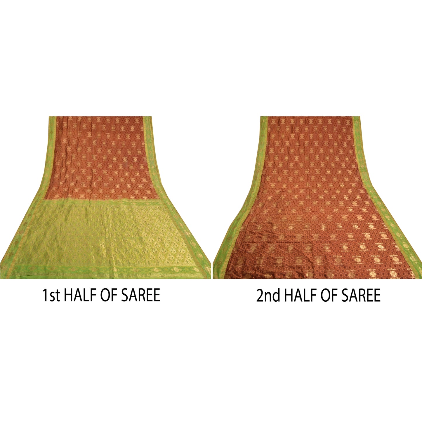 Sanskriti Vintage Green/Brown Heavy Sarees Pure Silk Woven Brocade Sustainable Fabric Sari