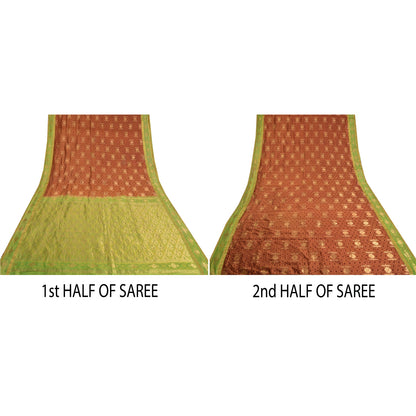 Sanskriti Vintage Green/Brown Heavy Sarees Pure Silk Woven Brocade Sustainable Fabric Sari