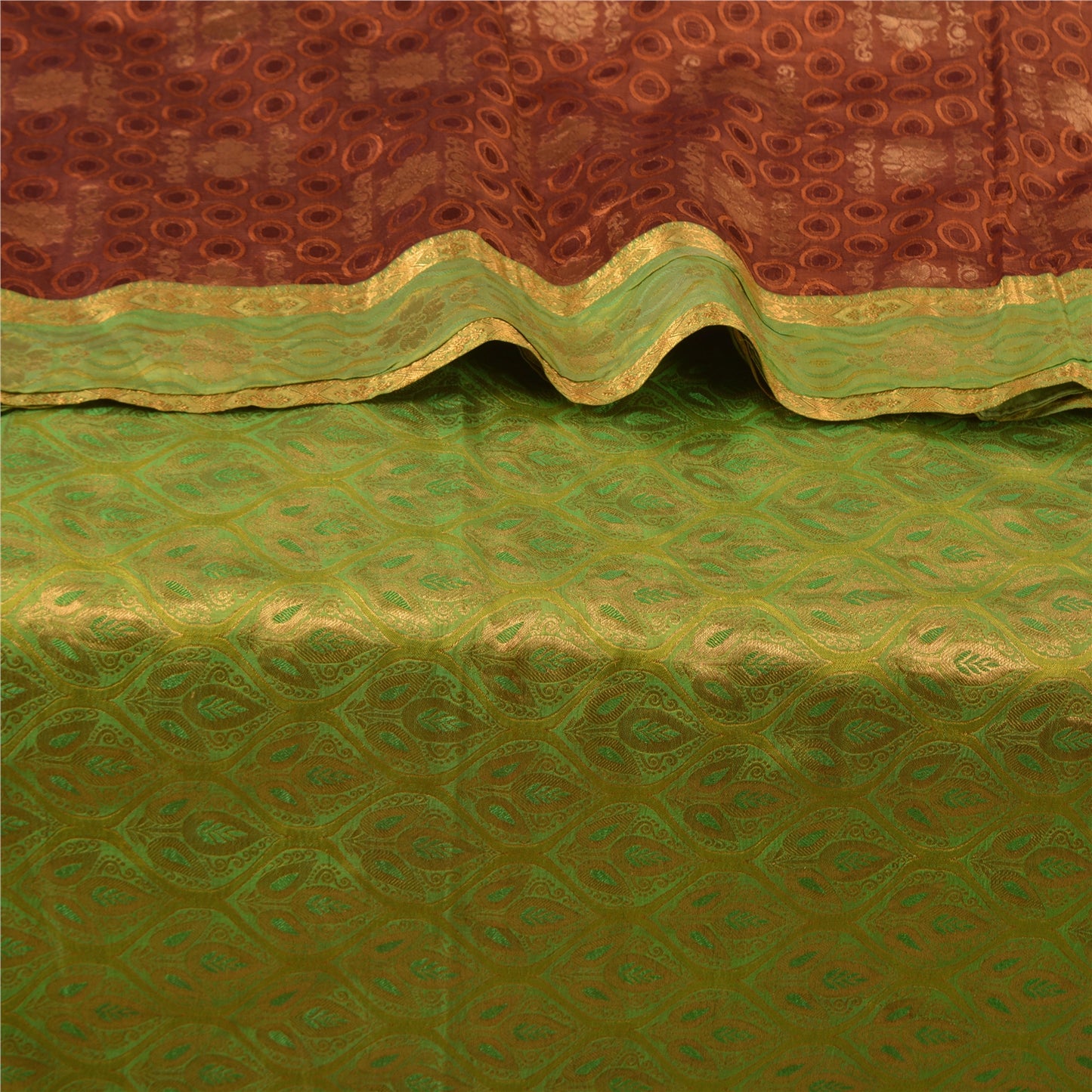 Sanskriti Vintage Green/Brown Heavy Sarees Pure Silk Woven Brocade Sustainable Fabric Sari