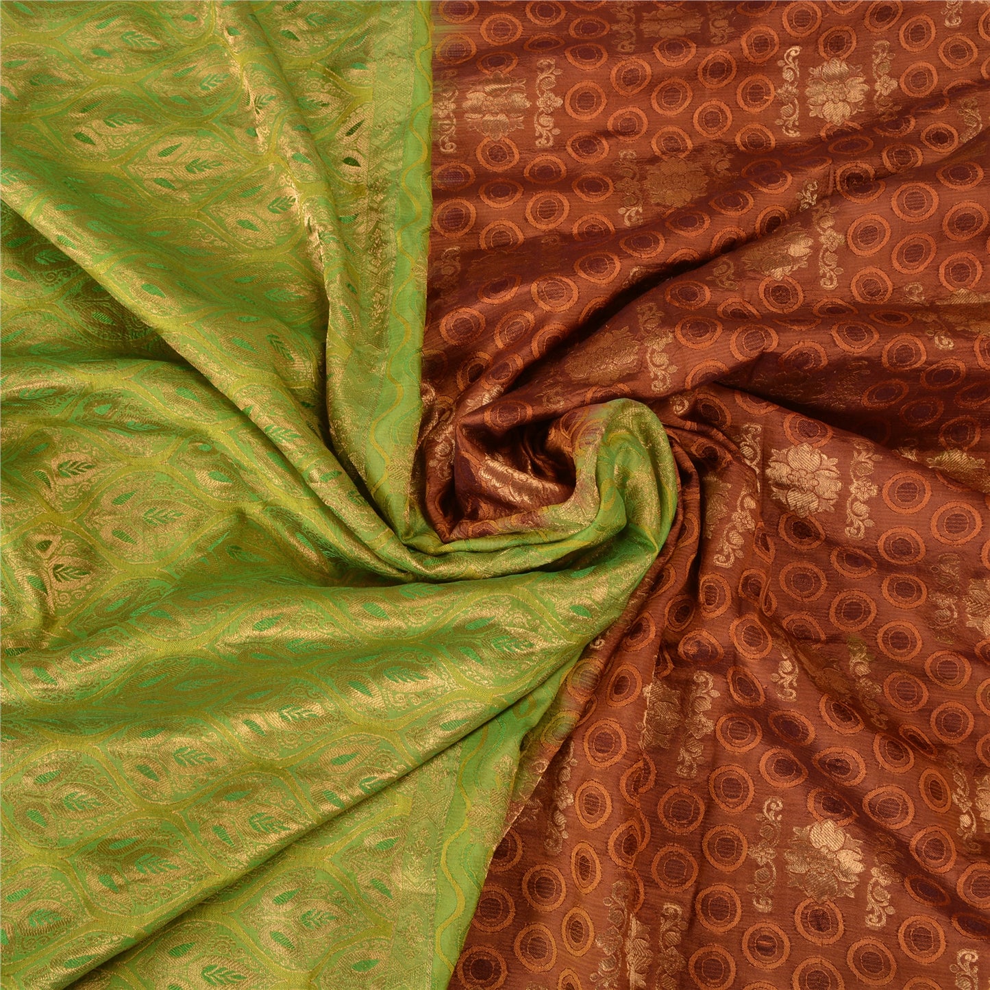 Sanskriti Vintage Green/Brown Heavy Sarees Pure Silk Woven Brocade Sustainable Fabric Sari