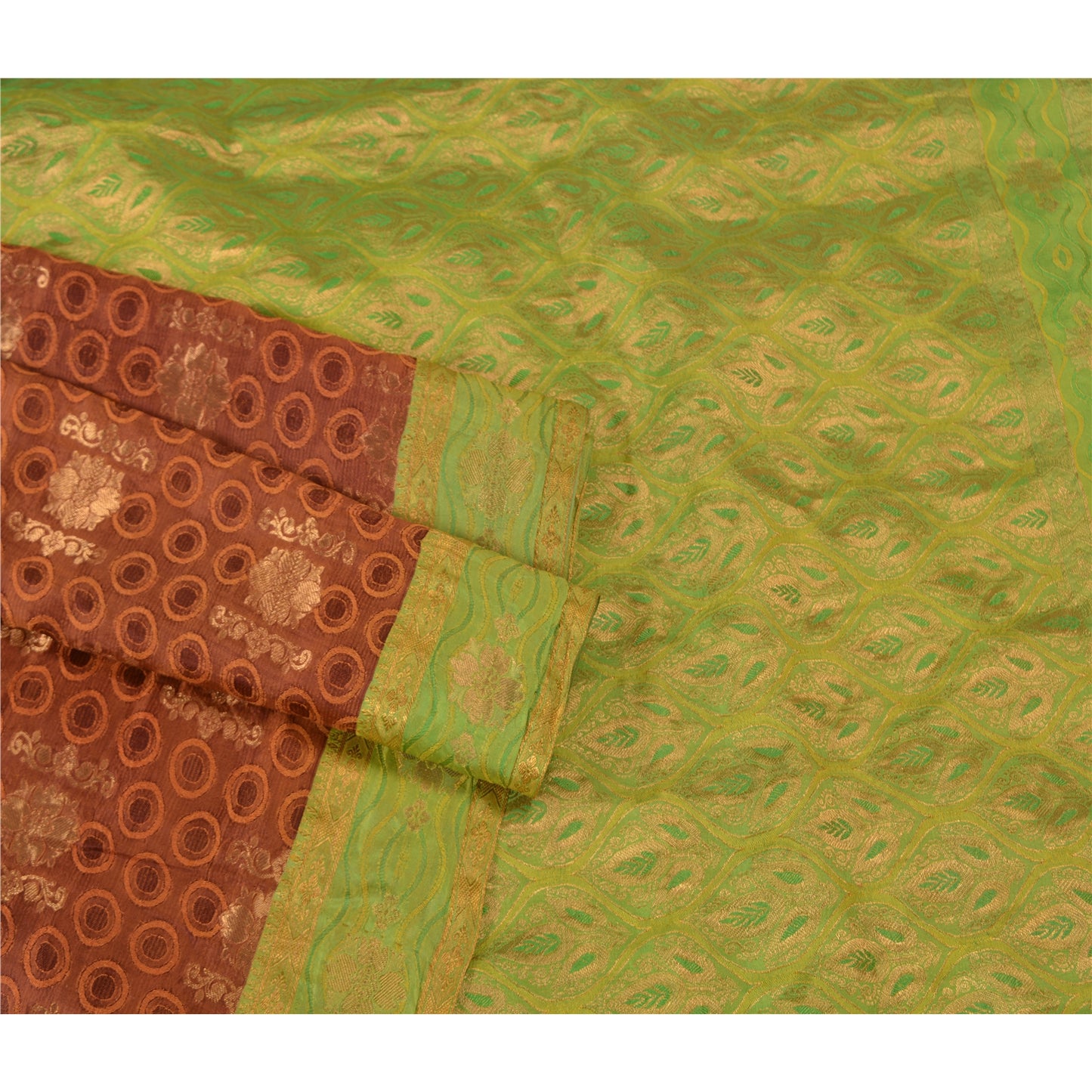 Sanskriti Vintage Green/Brown Heavy Sarees Pure Silk Woven Brocade Sustainable Fabric Sari