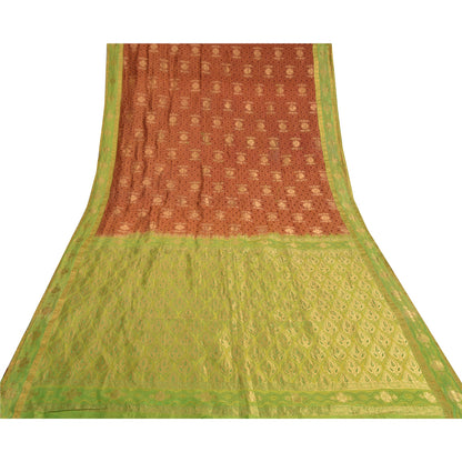 Sanskriti Vintage Green/Brown Heavy Sarees Pure Silk Woven Brocade Sustainable Fabric Sari