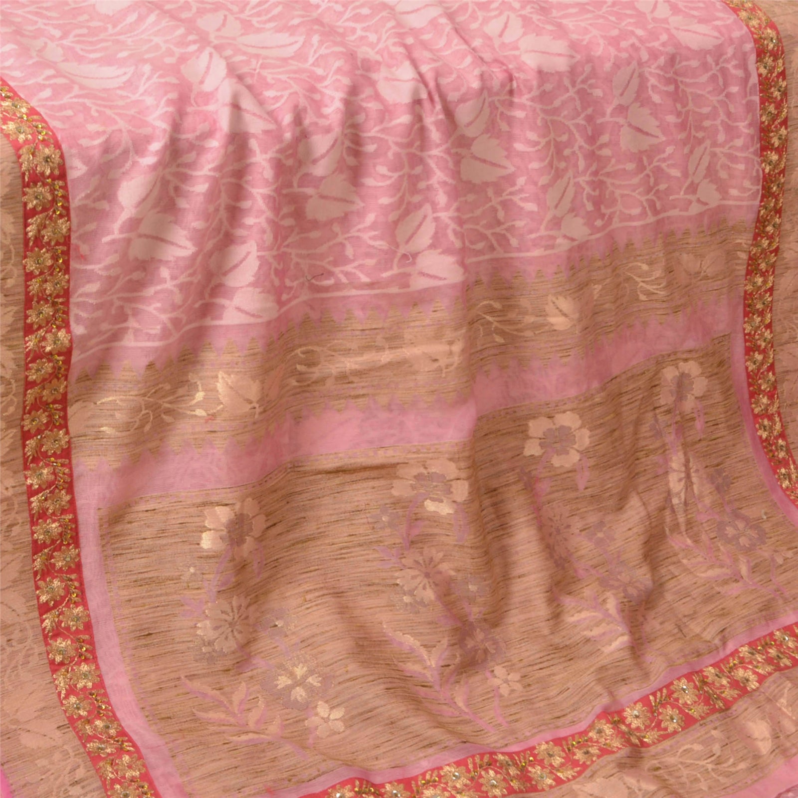 Sanskriti Vintage Sari 100% Pure Cotton Pink Hand Beaded Zari Sequins & Woven 5+YARD Sarees Boho Quilting Material For DIY Projects