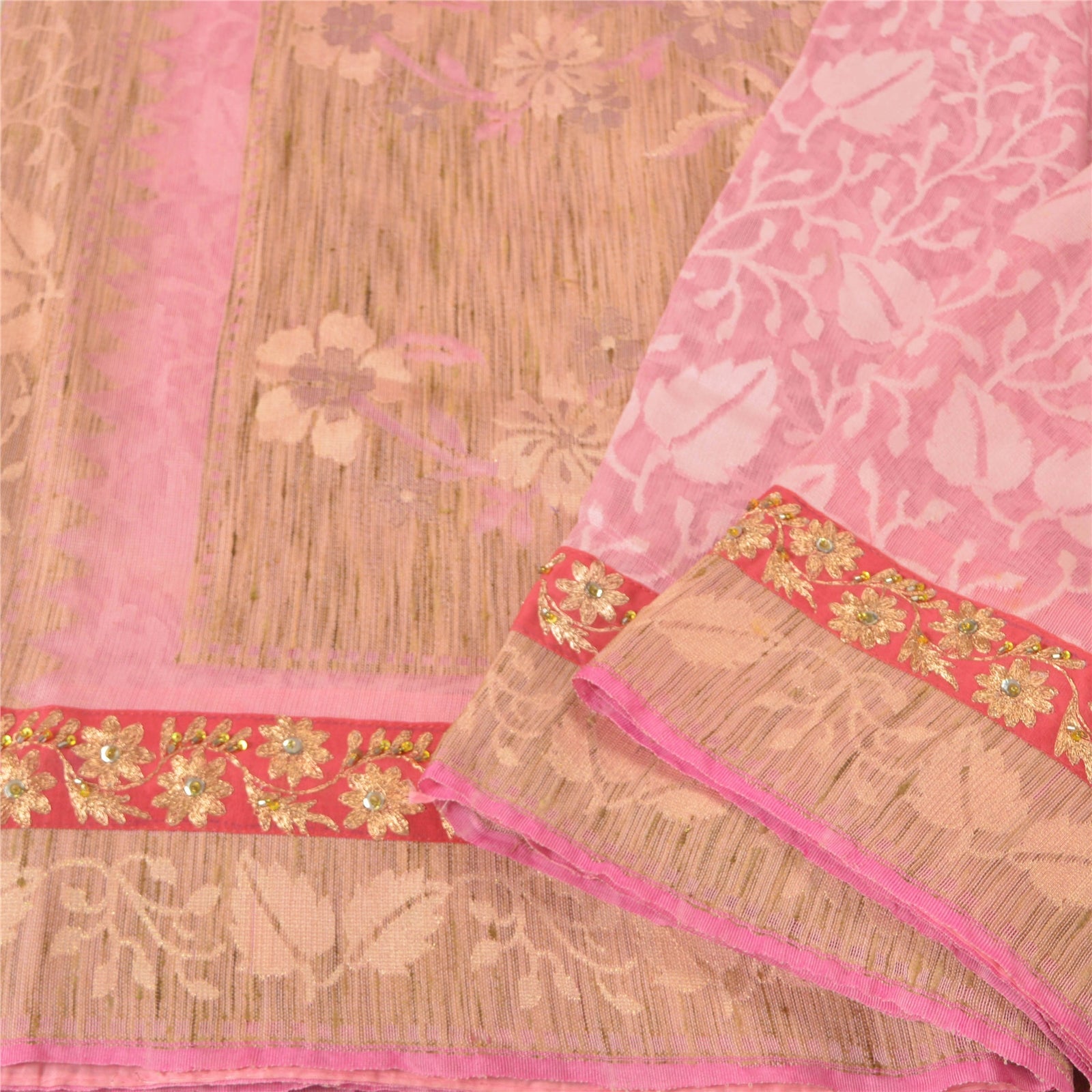 Sanskriti Vintage Sari 100% Pure Cotton Pink Hand Beaded Zari Sequins & Woven 5+YARD Sarees Boho Quilting Material For DIY Projects