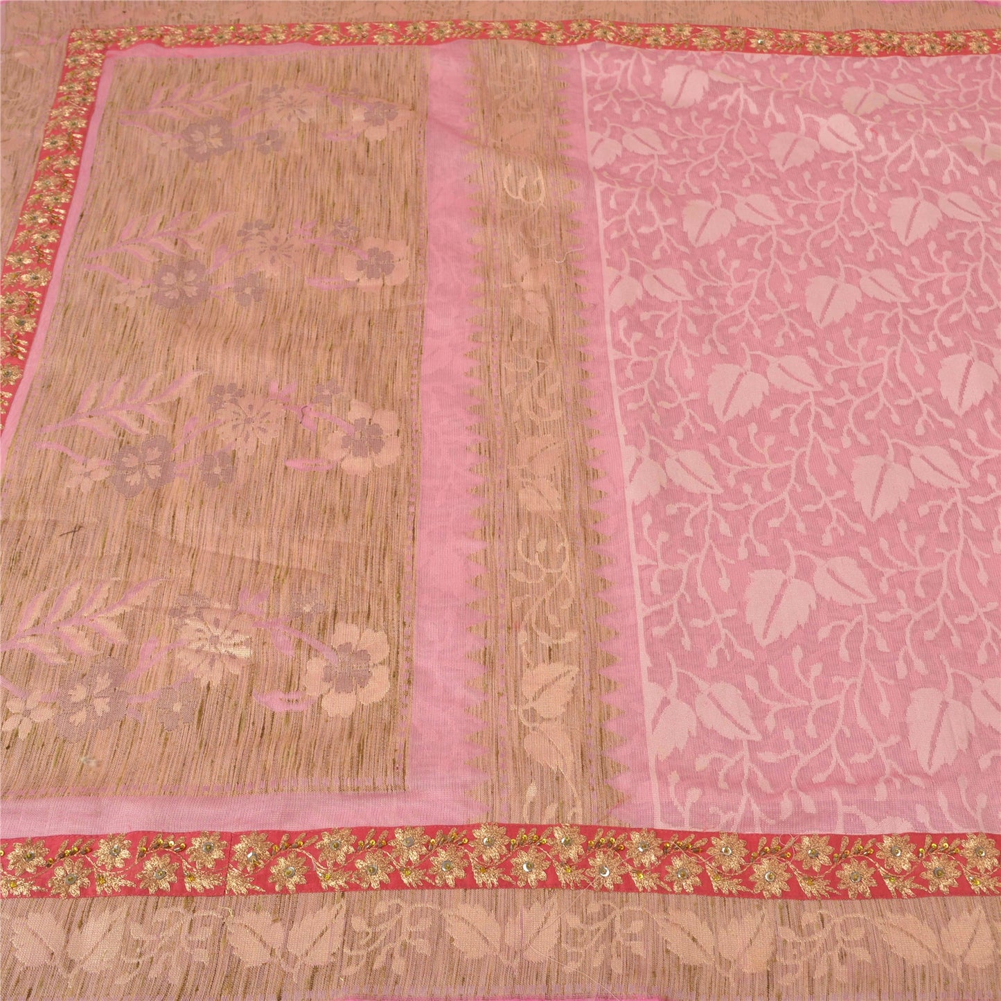 Sanskriti Vintage Pink Sarees 100% Pure Cotton Handloom Hand Beaded Sari Sustainable Fabric
